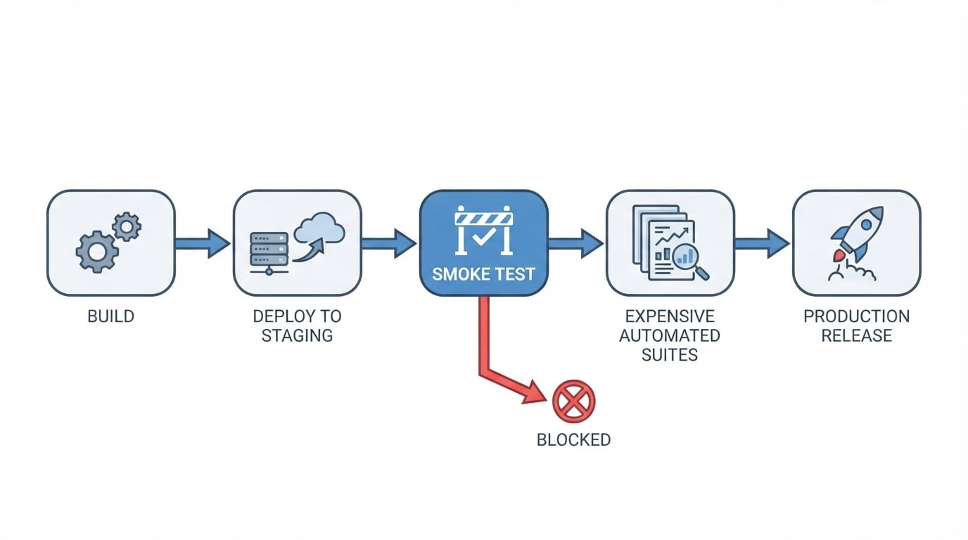 Workflow diagram for what is a smoke test in software.